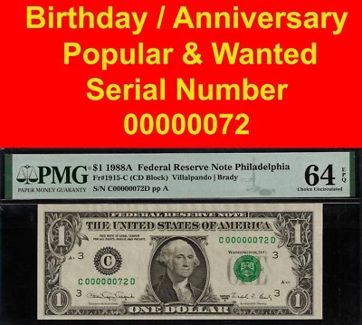 1988A $1 Chicago birthday gift PMG 64EPQ wanted low serial number FRN 00000072 - Image 1 of 3