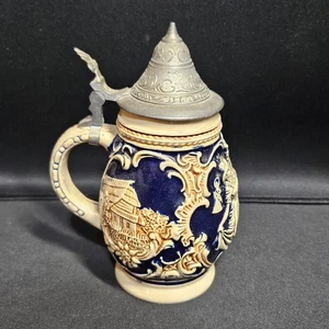 Vintage German Beer Stein with Pewter Lid Relief W/2 People - Picture 1 of 4