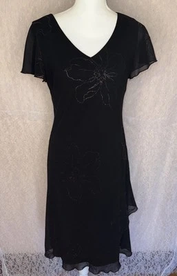 Vintage Y2K S.L. Fashions Black Bias Cut Grey Floral Shimmer Lined Dress SZ 10 - Image 1 of 4