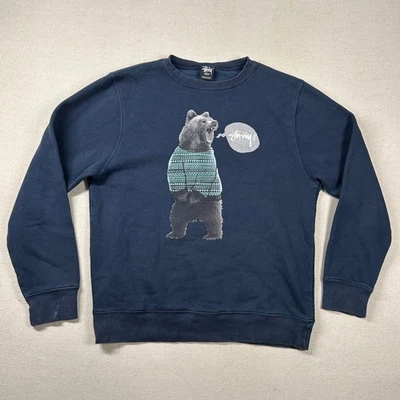 Vintage Stussy Sweatshirt Mens L Bear with Sweater Skater Navy Blue 90s USA Y2K - Image 1 of 4