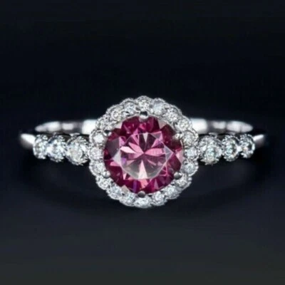 Round Cut Pink Sapphire Diamond Halo Engagement Ring 14K White Gold Finish - Image 1 of 4