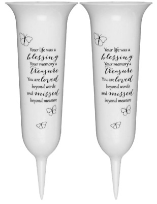 White Vase 'Your Life With A Blessing' Spiked Memorial Grave Flowers • 8.03£