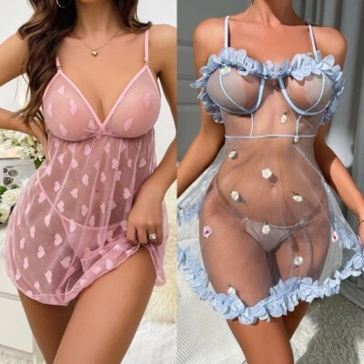 Lingerie feminina de renda babydoll malha transparente roupa de dormir gola V vestido de noite chemise EUA - Imagem 1 de 4