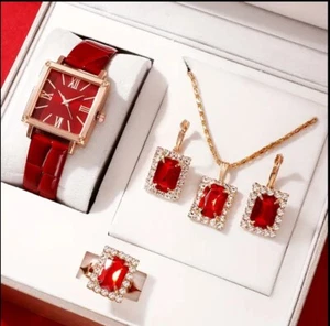 5pz Orologio Quarzo Quadrato Donna Rosso Vintage Strass Gioielli Set Regalo Nuovo - Foto 1 di 2