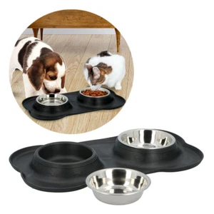Doppel Futter Napf mit Silikon Unterlage Hunde Katzen Wasser Bar Näpfe Station - Bild 1 von 6