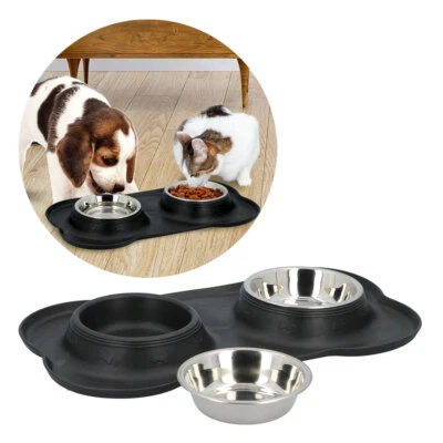 Doppel Futter Napf mit Silikon Unterlage Hunde Katzen Wasser Bar Näpfe Station - Bild 1 von 4