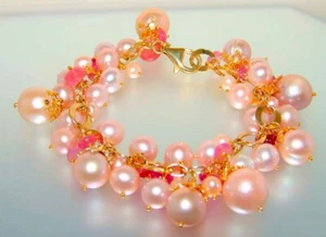 Pink Edison Pearl Pink Sapphire Gemstone Rondelle Charm Bracelet Sterling Silver - Picture 1 of 6