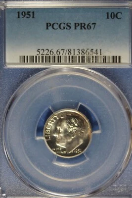 Moneda de diez centavos Roosevelt 1951 PCGS 10C PR67 #B50272 Foto 1 de 2