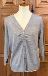 Talbots Gray  Knit V-Neck Cardigan Crystal Buttons Ruch Bust 3/4 Sleeve XL NWOT - Picture 1 of 10