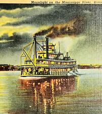 Baton Rouge LA Moonlight Mississippi River Linen Postcard Vintage Louisiana