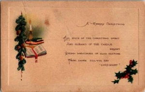 Vintage Merry Christmas Postcard With Candle & Holly & Bible With Poem - Picture 1 of 1