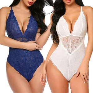 Women's Snap Crotch Lingerie Lace Bodysuit Eyelash Naugthy Teddy Soft Sleepwear - Picture 1 of 51