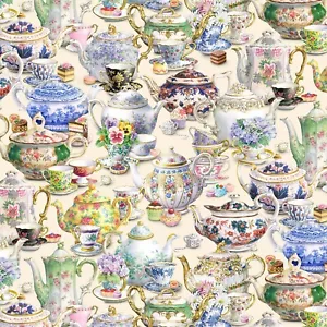 BTY Elizabeth's Studio Fancy Tea Teapots Cotton Fabric By The Yard 34000E-CREAM - Picture 1 of 1