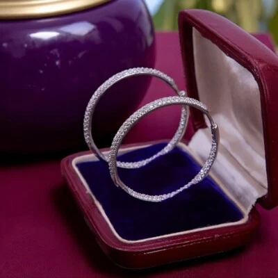 Pendiente de oro blanco para mujer aro de 18 k diamante cultivado en laboratorio 2,00 quilates redondo 34 mm Foto 1 de 4