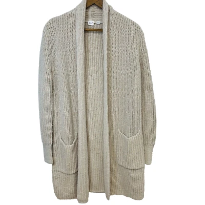 Gap Open Cardigan SP Chunky Knit Long Line Pockets Neutral Cotton Wool Texture - Image 1 of 4