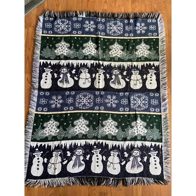 Manta Tejida Navidad Muñeco de Nieve Árbol Patrón Azul Verde Flecos Invierno Holi Foto 1 de 4