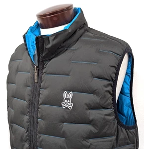 PSYCHO BUNNY Men's L SPENCER Reversible Down Puffer Vest NEON POOL/BLACK~ $322 * - Picture 1 of 14