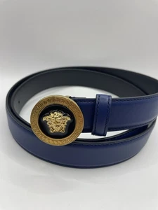 Versace Gold Medusa-Schnalle blau Ledergürtel 110 (44) Italien Neu mit Etikett $ 600 authentisch - Bild 1 von 8
