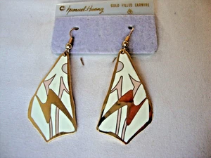 VINTAGE SAMUEL HUANG DESIGNER CLOISONNE RETRO MOD GRAU PINK & CREME OHRHÄNGER - Bild 1 von 9