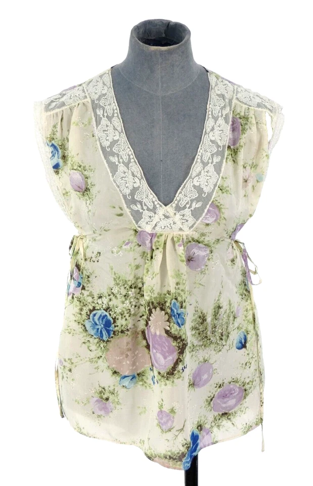 Paul and Joe Blouse Silk Top Floral Lace Trim Lace Up Vintage Beach Size 2 UK 8 — 第 1/4 张图片