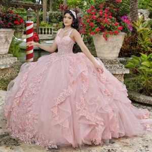 Glitzer Rosa Quinceanera Kleider Stufen Rüschen Applikation Rückenfrei Süß 16 Dress - Bild 1 von 5