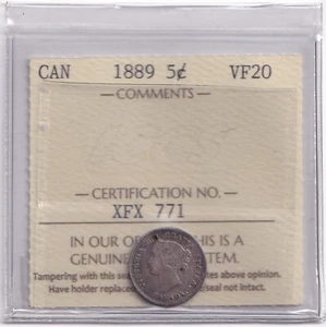 Canada 1889 Five Cent 5c Silver Coin ICCS Graded Very Fine VF 20 .925 Silver - Picture 1 of 2