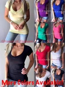Para mujer Básica Corte Bajo Cuello en V Profundo Elastizado Mangas Cortas Prenda para el torso Camiseta - Imagen 1 de 41