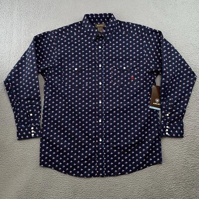 Ariat Shirt L Nosson Star Maritime Blue USA Geometric Red White Pearl Snap - Image 1 of 4