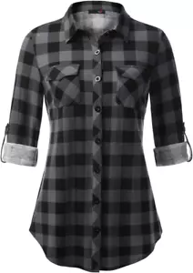 Womens Soft Stretchy Knit Plaid Shirts Roll up Long Sleeve Collared Button down - Picture 1 of 12