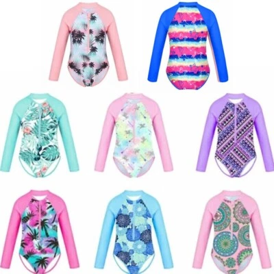 UK Kids Girls Swimming Costume One Piece Swimwear Long Sleeve Bodysuit Beachwear