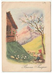 Pasqua cartolina vintage paesaggio di montagna primavera baita pastore gregge