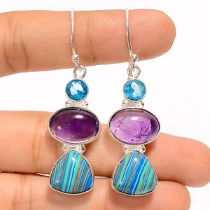 Amethyst Rainbow Calsilica Gemstone 925 Silver Handmade Earrings 2.1" ARE-3807 - Picture 1 of 3