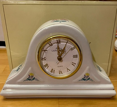 Vintage Laura Ashley White Porcelain Mantle Clock Floral Gold Edging Works Cover