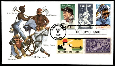 1996 Mighty Casey FDC Folk Heroes- John Henry, Paul Bunyan Edken Cachet-Variety - Image 1 of 2
