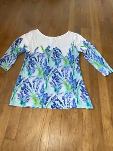Top donna prezzemolo e salvia taglia small blu manica 3/4 tunica rayon floreale liquido - Foto 1 di 4