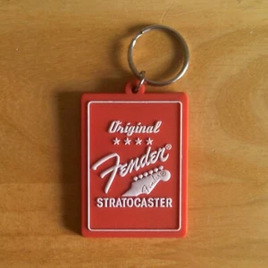 FENDER STRATOCASTER - Red & White Rectangular Rubber KEY RING / KEY CHAIN. - Picture 1 of 8