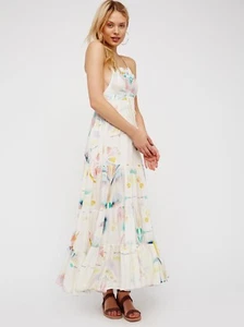 NWOT Free People Ivory Watercolor Maxi Swing Dress Jumper Ruffled Tier Overall - Picture 1 of 1