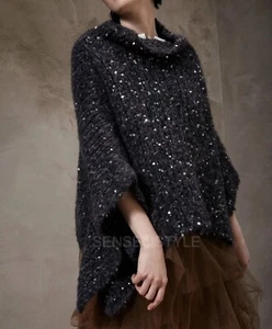 Brunello Cucinelli Poncho Tejido Chaleco Suéter Top Gris Mujer Lentejuelas L - Imagen 1 de 9