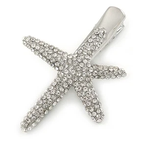 Clear Crystal Starfish Hair Beak Clip/ Concord Clip/ Clamp Clip In Silver Tone - Picture 1 of 6