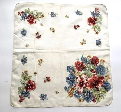 VINTAGE HANKY FLORAL PRINT FALL COLORS RUST RED DUSTY BLUES COLORFUL PRETTY - Image 1 of 4
