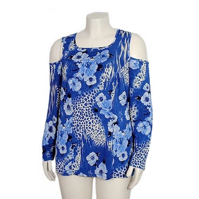 Top Simonton Says para mujer talla 1X azul floral estampado animal hombro frío elástico  Foto 1 de 4