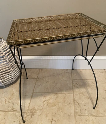 Mid Century Modern Small Side Table Metal Tray Grille Phone/Magazine Rack - Image 1 of 4