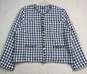 J.Mclaughlin Martha Tweed Hahnentritt Jacke blau weiß Fransenbesatz gefüttert Medium - Bild 1 von 19