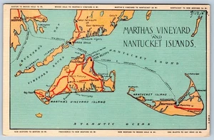 1940-50's MAP of MARTHAS VINEYARD and NANTUCKET ISLANDS LINEN POSTCARD - Picture 1 of 2