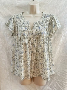 LUCKY BRAND Damen Babydoll Oberteil ~ Medium ~ Flügelärmel BAUMWOLLE cremefarben geblümt neu mit Etikett - Bild 1 von 11