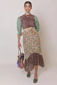 Abito midi RIXO zafferano nero verde prato leopardato taglia XL UK 16 - Foto 1 di 9