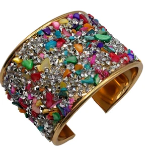 Gold-Plated Rhinestone And Stone Chip Textured Cuff Bracelet - Picture 1 of 3