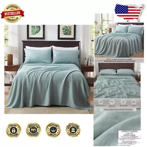 100% French Linen Queen Sheet Set - Breathable, Hypoallergenic, Cooling in Aqua - Picture 1 of 8