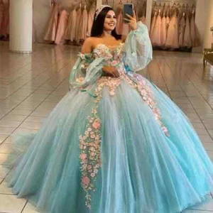 Hellblaue Quinceanera Kleider glänzend bunt 3D Blumen Ballkleider süß 16 - Bild 1 von 10