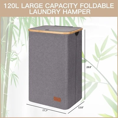 HAMPER FOLDS DOWN WHEN NOT NEEDED 28 INCHES TALL 18 x 14 INSIDE HAMPER GRAY/WOOD - Image 1 of 4